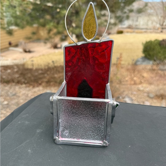 Vintage Stained Glass Christmas Holly And Candle Votive Tea Light Holder 8" - Picture 2 of 6